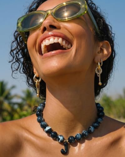 DoDoBeads Chunky Colorful Beaded Initial Necklace, Bubble Letter Choker | Gift box and dust pouch included; waterproof and sweat-resistant with real gold plated stainless steel hardware - color: Black-A