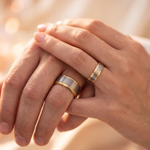 Tungsten Wedding Band Ring Black 10mm Men Women Comfort Fit 18k Rose Gold Step Edge Brushed Polished - color: Yellow Gold Grey Tungsten