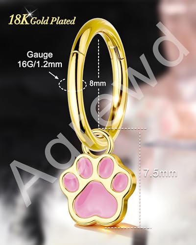 18K Gold Plated Rook Piercing Jewelry, 16G Clicker Rook Helix Earrings, Cute Cat Paw Upper Helix Lobe Piercing Stainless Steel 6/8MM - color: Style-1-6mm
