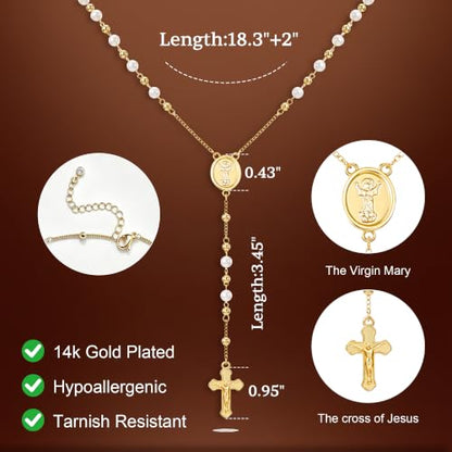 14K Gold/Silver Plated Miraculous Medal Rosary Cross Necklace Women | Miraculous Medal Y-Chain Rosary Necklace, Premium Gift Box, Catholic Milestone Gifts, Daily Faith Wear - style: Gold Style1