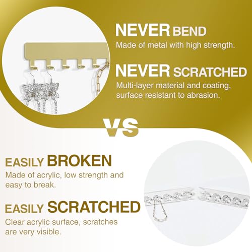 Necklace Holder Wall Mounted,Self Adhesive Jewelry Organizer,2 Pack,Gold | Modern Design,24 Hooks,Self Adhesive No Drilling,Durable 304 Stainless Steel,for bedroom/closet/bathroom/vanity - color: Gold - Brushed