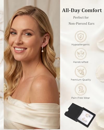 Gold Pearl Clip on Earrings for Women Elegant Small Cubic Zirconia Drop Earrings for Bridal Bridesmaid Wedding Jewelry - size: 0.78in