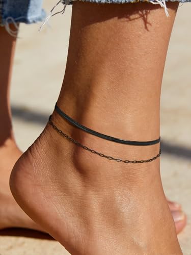 FindChic Ankle Bracelets for Women, Silver/Black/Gold Plated Layered Stainless Steel Anklets, Non-Tarnish Adjustable Waterproof Trendy Foot Jewelry for Beach Summer - style: Snake & Paperclip Chain-Black