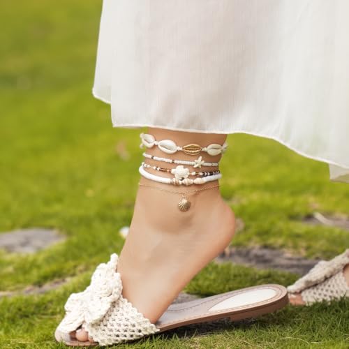 Beaded Anklet Bracelets For Women Waterproof Gold Anklets Jewelry Set Stack | non tarnish free pearl puka seashell beach boho stretchy anklet for summer dainty and tewiky gold plated - color: Golden Shell