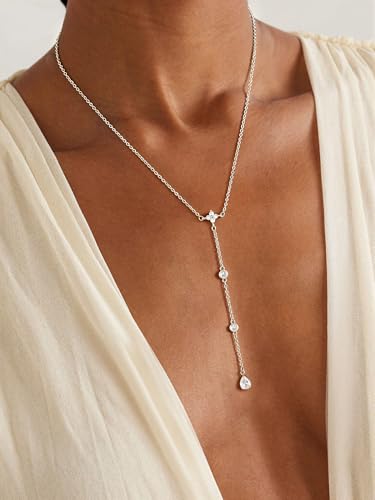 14K Gold Plated Layered Lariat Necklace for Women - Waterproof Non-Tarnish Dainty Gold Chain Necklace, Long Boho Statement Jewelry for Wedding, Prom, Summer Vacation Gifts - color: Four CZ Y Necklace-Silver