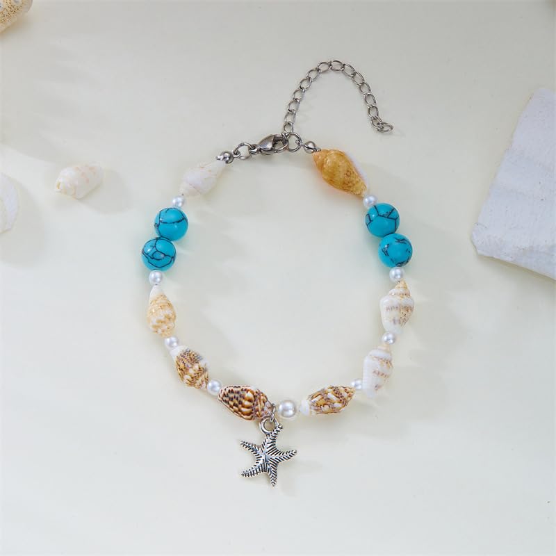 Shell Starfish Bracelet Seahorse Conch Starfish Sea Shell Pearls Charm Stone Bracelet Statement Bohemian Sea Themed Beach Jewelry for Women - color: Blue W