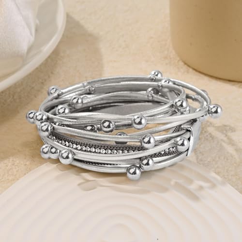 Wrapped Bracelets for Women,Leather Boho Bracelets for Women - color: Doubleloop-Silver