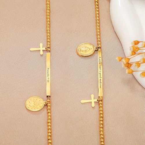DS Inspirational Bracelet for Women Christian Engraved Bibler Verse Cross Butterfly Daisies Charm Bracelet, Exquisite Stainless Steel Jewelry Daughter Best Friend Bestie - style: A joyful heart is good medicine.-Gold
