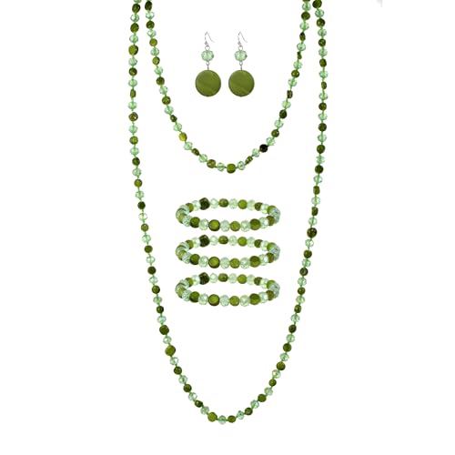 Trendy Infinity Wrap 60’’ Long Statement Necklace, Earrings and Bracelet Set - Hand Knotted Versatile Crystal and Shell Beads Strand Necklace and Chunky Beaded Stretch Bracelet Stack – Jewelry Set Gift for Women - color: green
