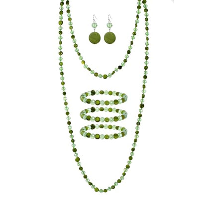 Trendy Infinity Wrap 60’’ Long Statement Necklace, Earrings and Bracelet Set - Hand Knotted Versatile Crystal and Shell Beads Strand Necklace and Chunky Beaded Stretch Bracelet Stack – Jewelry Set Gift for Women - color: green
