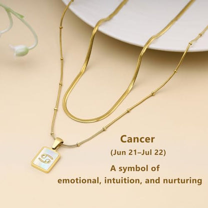 LETFLY Layered Zodiac Necklace for Women 18K Gold Natural Shell Pendant | Birthday Gifts for Women, Daily Wear, Hypoallergenic Material, Personalized Constellation Pendant, Adjustable, Snake Chain - style: Cancer