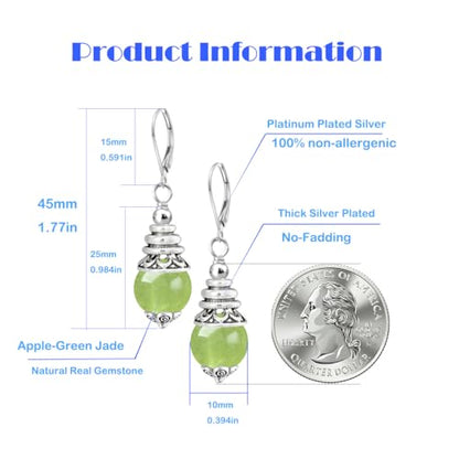 Natural 10mm Stone Beads Drop Earrings,Retro Silver Round Quartz Crystal Gemstone Beads Dangle Earrings for Women - color: A02_Apple-Green Jade