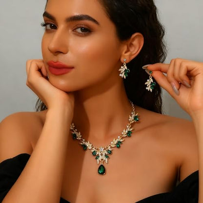 CJIAYUJEW Cubic Zirconia Wedding Jewelry Sets for Bride Bridesmaid Cluster Crystal Teardrop Pendants Jewelry Set Necklace Earring for Brides Bridesmaid for Wedding Party - color: Green