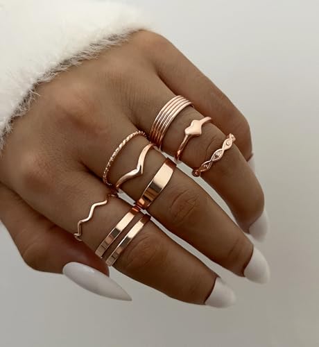 iF YOU 25 Pcs Gold Stackable Ring Set for Women, Chunky Knuckle Finger Midi Rings, Silver Simple Stacking Cute Rings Pack Trendy Stuff Jewelry Gift - style: 25 Rose gold chunky rings