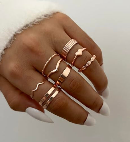 iF YOU 25 Pcs Gold Stackable Ring Set for Women, Chunky Knuckle Finger Midi Rings, Silver Simple Stacking Cute Rings Pack Trendy Stuff Jewelry Gift - style: 25 Rose gold chunky rings