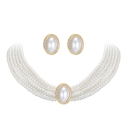 Vintage 1920s Costume Jewelry Multilayer Imitation Pearls Shiny Strand Choker Necklace Large Dangle Earrings for Women Wedding Halloween Cosplay Party Prom Accessories - style: Stud