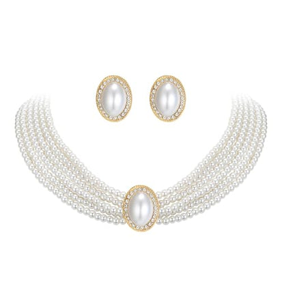 Vintage 1920s Costume Jewelry Multilayer Imitation Pearls Shiny Strand Choker Necklace Large Dangle Earrings for Women Wedding Halloween Cosplay Party Prom Accessories - style: Stud