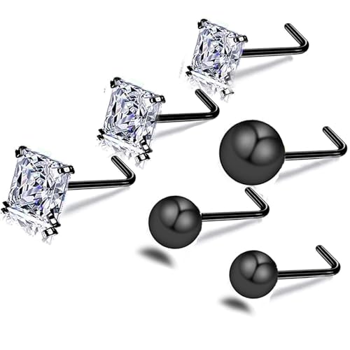 14k Gold Plated Nose Rings Studs for Women 316L Surgical Steel Nose Piercings 22g/20g/18g Gauges 1.5mm/2mm/2.5mm/3mm/3.5mm/4.5mm Sizes - color: 20g 6pcs L Black Surgical Steel
