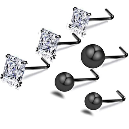 14k Gold Plated Nose Rings Studs for Women 316L Surgical Steel Nose Piercings 22g/20g/18g Gauges 1.5mm/2mm/2.5mm/3mm/3.5mm/4.5mm Sizes - color: 20g 6pcs L Black Surgical Steel