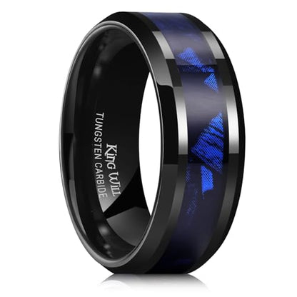 King Will Tungsten Wedding Band Wood Inlay for Men Black Beveled Edge | Black, 8mm, Beveled Edge, Comfort Fit, Wood inlay, Promise Gift - color: Black-Blue
