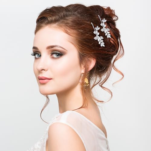 5 Pcs Hair Barrettes for Women, Rhinestone Hair Clips Silver Hairs Clips for Wedding Leaf Wedding Hairpin for Bride Women Brides Barrette Crystal Silver Flower Pearl Hairpins