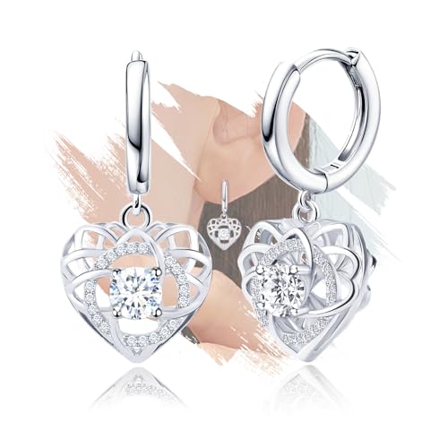Sterling Silver Dangle Hoop Earrings Charms CZ Love Knot with Heart Shap Hypoallergenic White Gold Plated Fashion Jewelry Dainty Birthday Gift