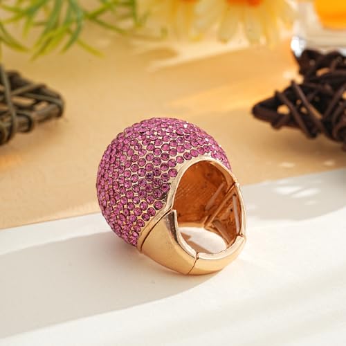 Gold Snowball Rhinestone Cocktail Ring – Adjustable Stretch Sparkling Party Jewelry for Women, Elegant Costume Ring for Evening Wear, Wedding, Prom - color: pink