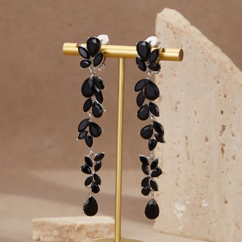 Crysdue Clip On Earrings for Women Rhinestone Crystal Teardrop Cluster Wedding Bridal Non Pierced Long Dangle Earring for Prom Party - color: Black Silver-Tone