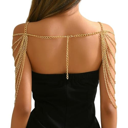 Gold Punk Shoulder Body Chain Jewelry Sexy Multi-layered Tassel Arm Chain Festival Rave Body Chain Summer Beach Back Chain Jewelry for Women Backless