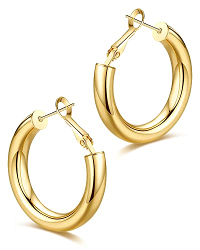 wowshow Gold Hoop Earrings for Women Chunky Hoops 14K Gold Plated Thick Hollow Tube Lightweight Earrings for Mother Birthday Gifts 20/25/30/40/50MM - color: Gold-22MM