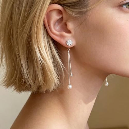 Long Tassel Pearl Drop Earrings, Silver-Tone CZ Crystal Earrings with Faux Pearl for Women, Elegant Korean Style