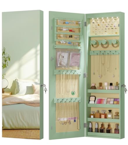 LVSOMT Over The Door Jewelry Organizer, 6 LED Wall Mounted Jewelry Cabinet | Lockable 42.5" Full Length Mirror with Jewelry Storage, Hanging Jewelry Mirror Cabinet, Jewelry Armoire for Women, Green - color: Green