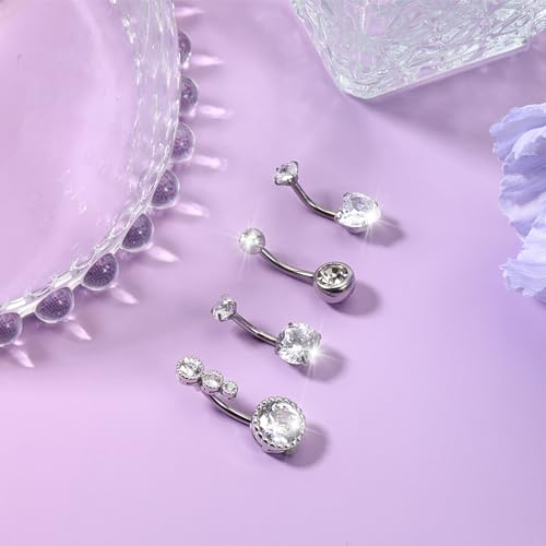 4pcs Belly Piercing Jewelry, 14G Stainless Steel Silver Belly Button Rings, Navel Piercing Jewelry Cz Belly Piercings Cute Heart Belly Button Ring for Beach Festival Daily