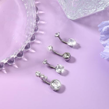 4pcs Belly Piercing Jewelry, 14G Stainless Steel Silver Belly Button Rings, Navel Piercing Jewelry Cz Belly Piercings Cute Heart Belly Button Ring for Beach Festival Daily