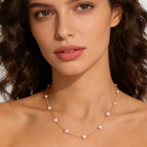 Heart-Shaped Pearl Necklace Exquisite Small 14K Gold Plated Chain Precious Jewelry Lobster Clasp Adjustable Extender - style: 14K Gold+Heart-Shaped Pearl