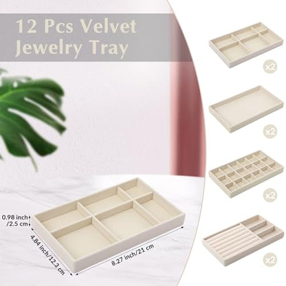 Inbagi 8 Pcs Small Velvet Jewelry Trays Stackable Drawers Organizer Inserts Divided Display Trays for Earring Ring Necklace, Beige