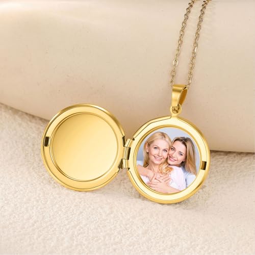 PHOCKSIN Personalized Locket Necklace for Women Photo Necklace with Customized Picture Birth Flower Birthstone Customizable Birthday Gifts - color: #16-Round Gold