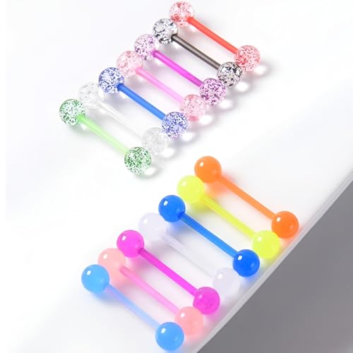 Glow in the Dark Barbell Piercing Set for Women Men 14 G Flexible Acrylic Tongue Ring Jewellery Long Nipple Piercings Bars Kit Hypoallergenic Cute Body Jewelry Stud 2 pcs - color: White