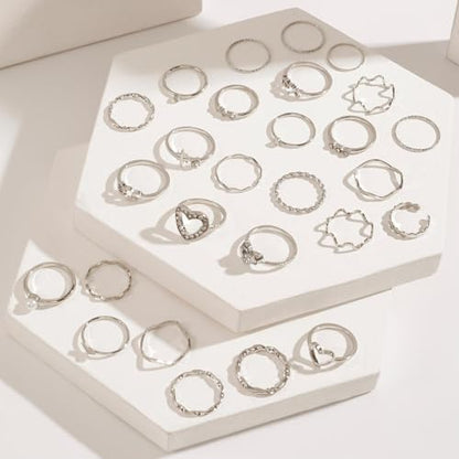 Gold Rings for Women Non Tarnish Stackable Rhinestone Moon Star Rings Dainty Stacking Pearl Butterfly Midi Pinky Thumb Joint Finger Knuckle Ring Set Gold Non Tarnish Jewelry Gifts Trendy Stuff - color: D Silver Stackable Rings 28Pcs