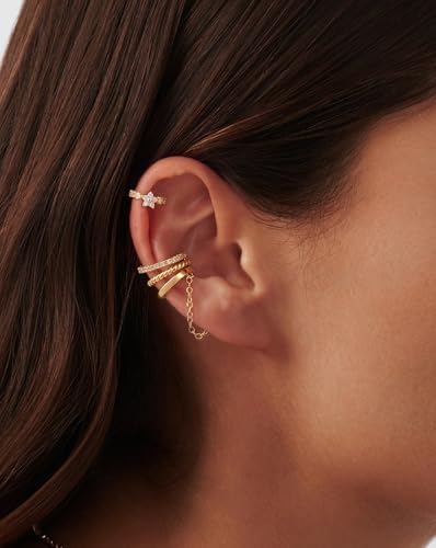 14K Gold Plated Ear Cuff Earrings for Women, Dainty Ear Cuffs Non Piercing Clip on Earrings Trendy Non pierced Cubic Zirconia Fake Hoop Earring Jewelry Sets for Women - color: Gold-4