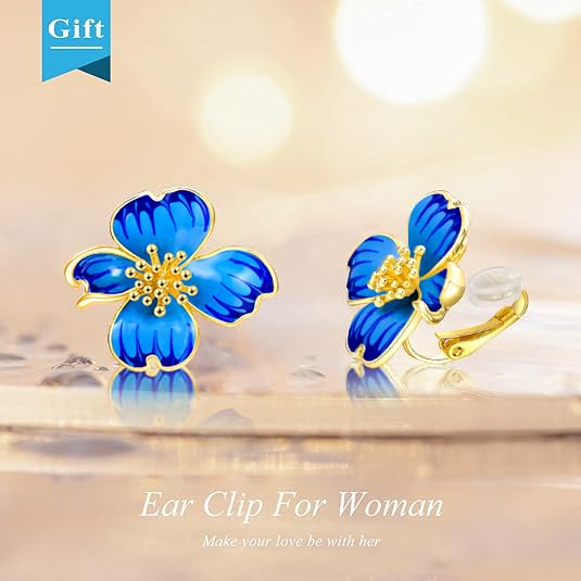 Clip on Earrings Women, 14K Gold Plated Earrings for Sensitive Ears, Fashion Women's Earrings Jewelry Birthday Gift for Wife Grandma Daughter Girls on Christmas Thanksgiving - color: Cherry Blossom Navy Blue Gradient Enamel Earrings