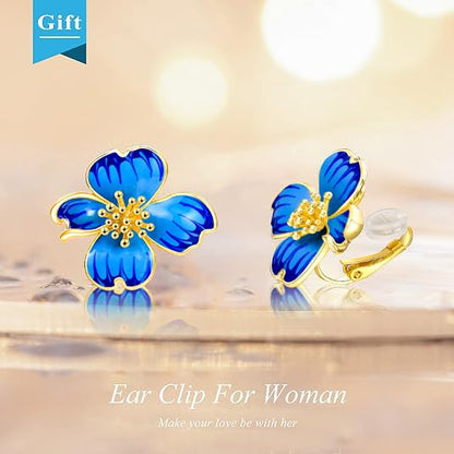 Clip on Earrings Women, 14K Gold Plated Earrings for Sensitive Ears, Fashion Women's Earrings Jewelry Birthday Gift for Wife Grandma Daughter Girls on Christmas Thanksgiving - color: Cherry Blossom Navy Blue Gradient Enamel Earrings