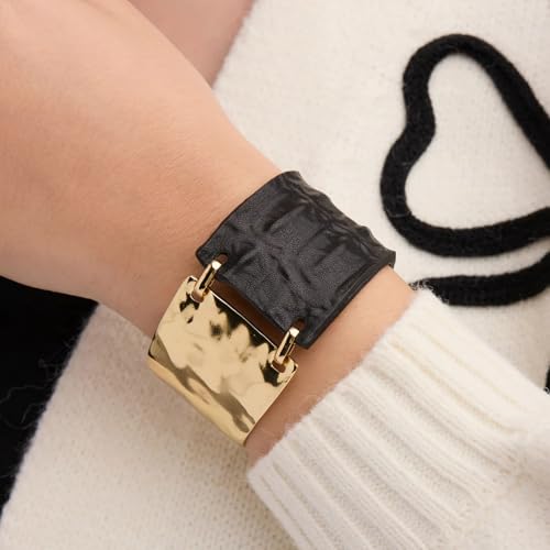 Leather Bracelet for Women Black Leather Golden Bracelet Bangle Chunky Leather Wrap Bracelet for Women Statement Jewelry Gift - style: Genuine Leather Bracelet-Gold