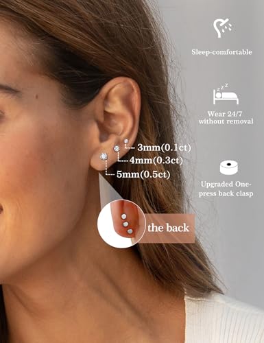 3 Pairs Moissanite Flatback Stud Earrings for Women, 925 Sterling Silver Hypoallergenic Flat Back Cartilage Earrings Set, 18K White Gold Plated - color: 18K White Gold, size: 3,4,5mm