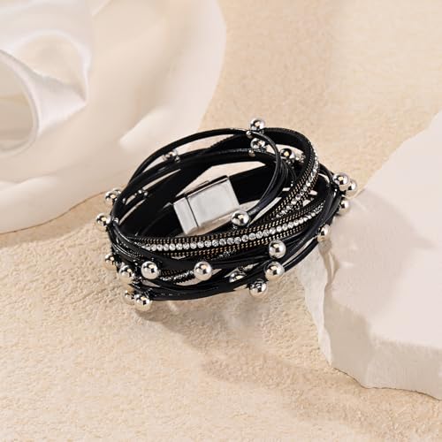 Wrapped Bracelets for Women,Leather Boho Bracelets for Women - color: Doubleloop-Black