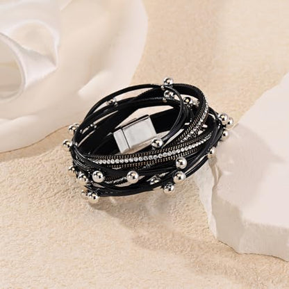 Wrapped Bracelets for Women,Leather Boho Bracelets for Women - color: Doubleloop-Black