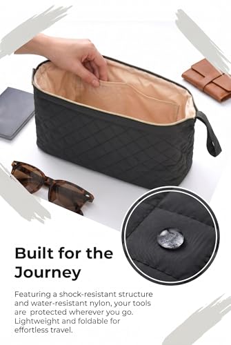 TeeYee Nylon Hair Tools Travel Bag for Dyson Airwrap Quilted Toiletry Bag | Travel Storage Bag for Shark Flexstyle/Curling Iron,Water-repellent,Wide-open,Well-structured,Heat-safe lining,001black - color: Black