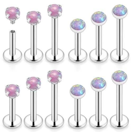 16G Internal Thread Flat Back Earrings Nose Studs 316L Surgical Steel Medusa Labret Monroe Lip Ring Tragus Forward Helix Conch Cartilage Lobe Earrings Stud Piercing Jewelry For Women Men Opal - color: Pink Opal, size: 16G-6MM/8MM/10MM Bar-3MM Opal