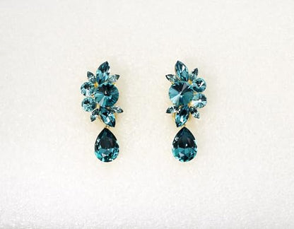 Faship Statement Dangling Floral Clip On Earrings For Women - color: Teal / 14K gold plated
