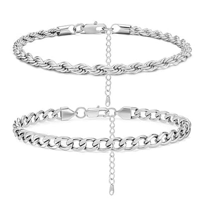 2PCS Ankle Bracelets for Women - Gold/Silver Plated Stainless Steel Anklets Set - Waterproof Layered Cuban Link Chain Anklet Bracelet Summer Beach Foot Jewelry Gifts for Women - color: Style 3-Silver